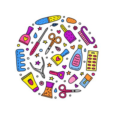 Beyaz arkaplanda daire şeklinde şekillendirilmiş Doodle renkli manikür salonları.
