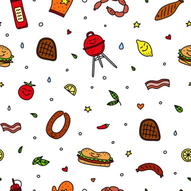 Kusursuz desenli, karalama renkli barbekü, piknik ikonları..