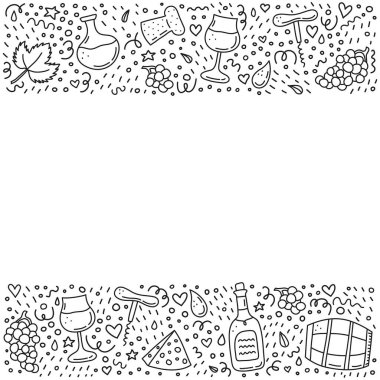 Şarap ikonlarının, çizgilerin, noktaların, sembollerin olduğu bir poster..