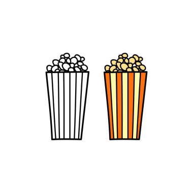 Beyaz arkaplanda karalama çizgisi ve renkli patlamış mısır kovası izole edildi.