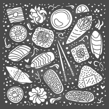 Kara tahtaya saklanmış suşi, rulo, çubuk, wasabi, zencefil ve semboller..