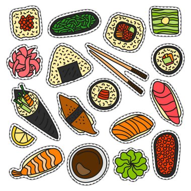 Karalama renkli çıkartmalar ya da suşili yamalar ve beyaz arkaplanda izole edilmiş rulolar..