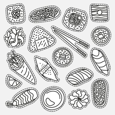 Renksiz karalama etiketleri ya da suşili yamalar ve gri arkaplanda izole edilmiş rulolar..