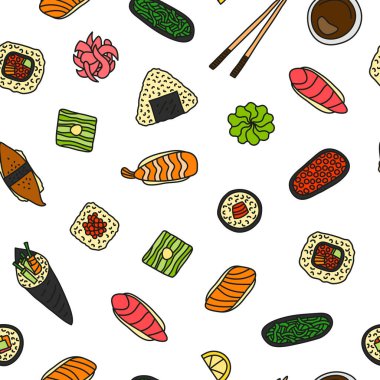 Renkli suşi ve rulo ile kusursuz desen.