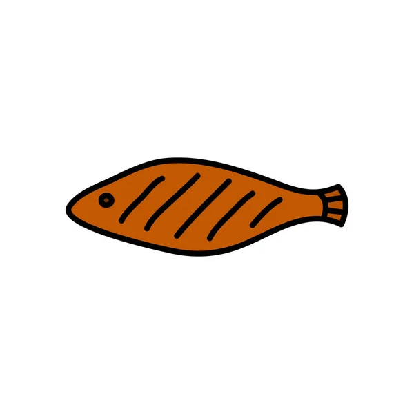 Doodle Färgad Grillad Fisk Ikon Isolerad Vit Bakgrund — Stock vektor