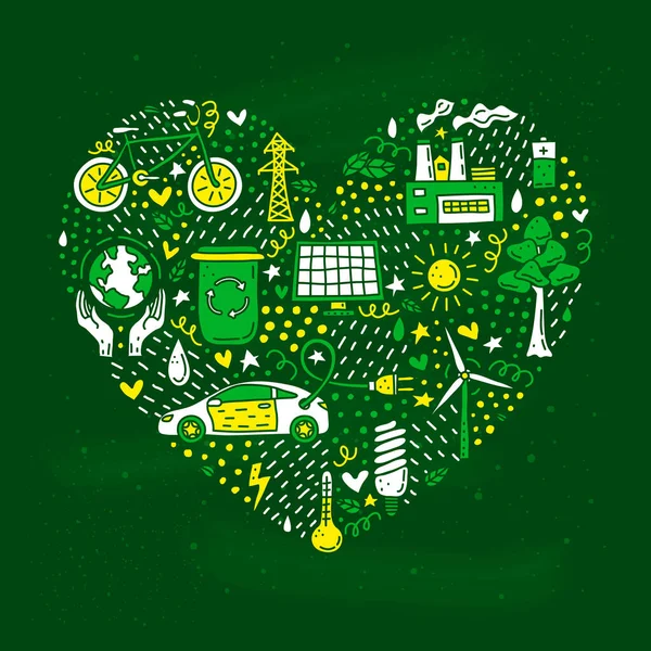 Doodle Χρωματιστές Οικολογία Και Περιβάλλον Εικόνες Που Αποτελείται Σχήμα Καρδιάς — Διανυσματικό Αρχείο