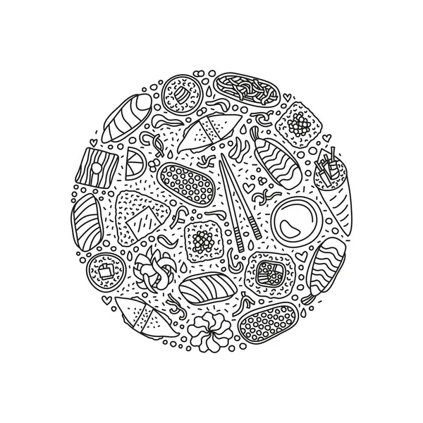 Doodle Περίγραμμα Σούσι Ρολά Chopsticks Wasabi Τζίντζερ Και Σύμβολα Που — Διανυσματικό Αρχείο