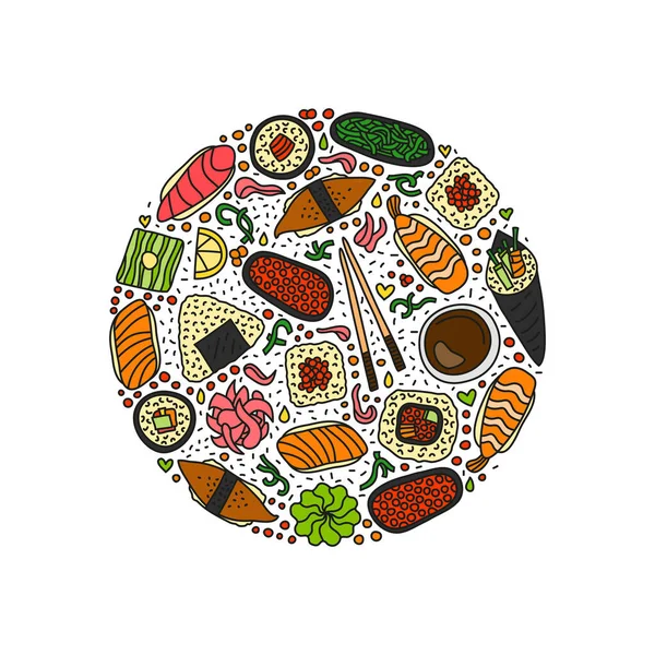 Doodle Kolorowe Sushi Rolki Pałeczki Wasabi Imbir Symbole Skomponowane Kształcie — Wektor stockowy