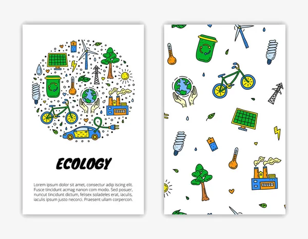 Kaartsjablonen Met Doodle Gekleurde Ecologie Pictogrammen Gebruikt Knipmasker — Stockvector