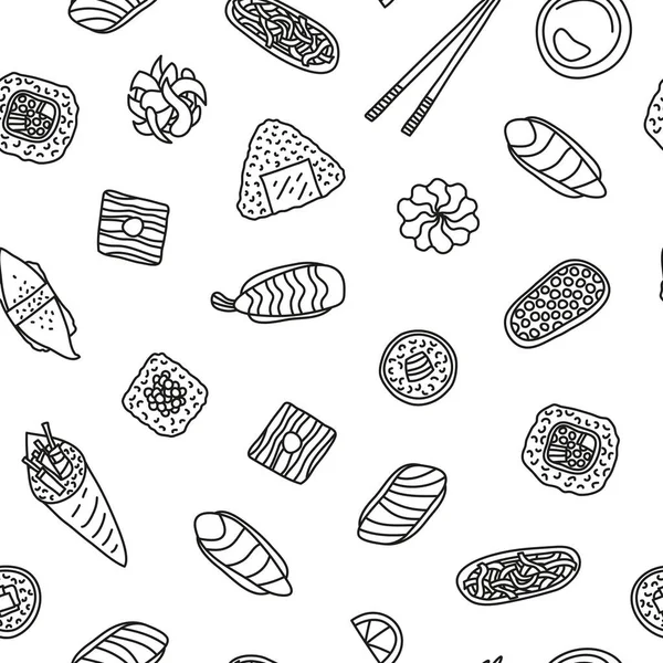 Svart Och Vitt Sömlöst Mönster Med Kontur Doodle Sushi Och — Stock vektor