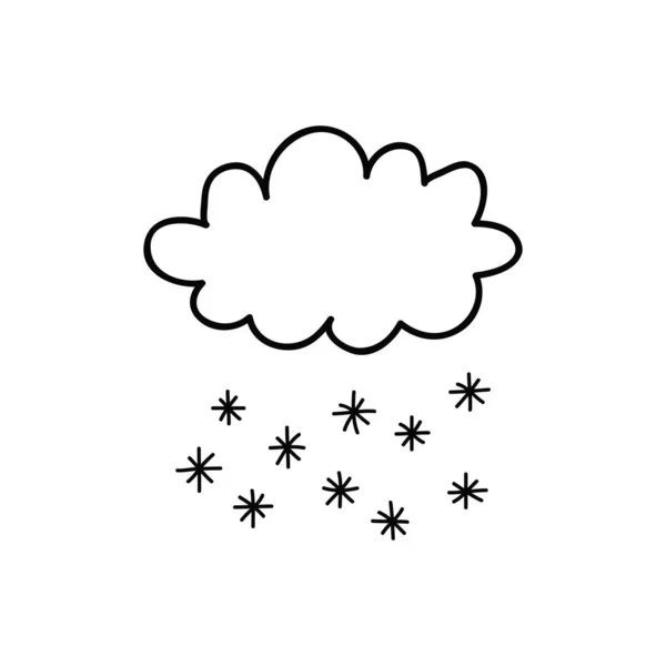 Doodle Contour Nuage Neigeux Avec Des Flocons Neige Isolés Sur — Image vectorielle