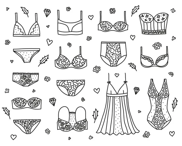 Hand Drawn Outline Collection Women Lingerie Nightwear Isolated White Background — Stock Vector