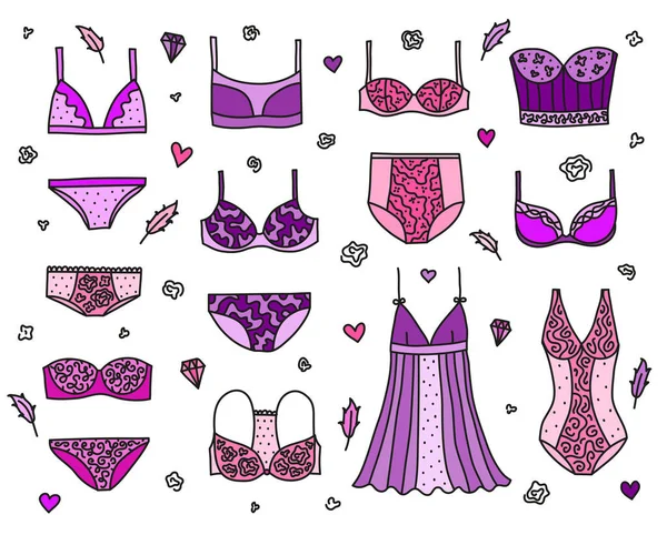 Hand Drawn Colored Collection Women Lingerie Nightwear Isolated White Background — Stock Vector