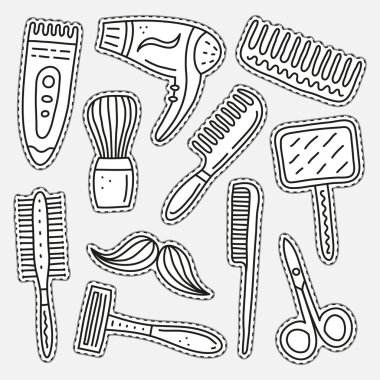 Gri arka planda izole edilmiş berber dükkanı için renksiz karalama etiketleri..