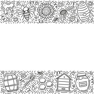 Üzerinde çizgiler, girdaplar, semboller olan bal karalamaları olan bir poster..