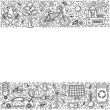 Çevresinde çizgiler, girdaplar, semboller olan ekoloji simgeleri olan bir poster..