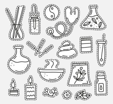 Beyaz arkaplanda izole edilmiş renksiz alternatif tıp ve ayurveda çıkartmaları..