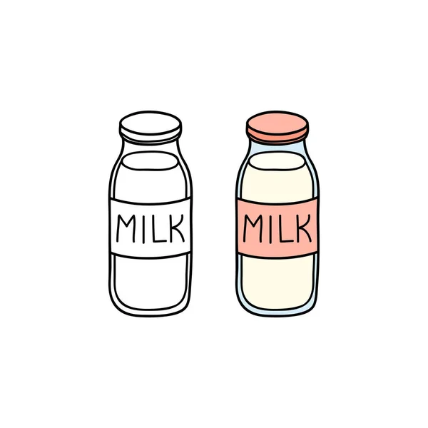 Gekritzelte Umrisse Und Farbige Milch Der Flasche Isoliert Auf Weißem — Stockvektor