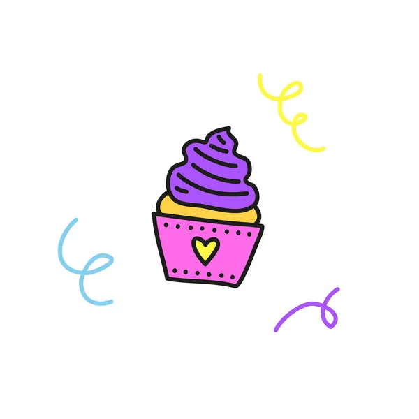 Doodle Farbigen Cupcake Mit Bändern Isoliert Auf Weißem Hintergrund — Stockvektor