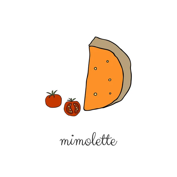Queso Mimolette Dibujado Mano Con Tomates Cherry Aislados Sobre Fondo — Vector de stock