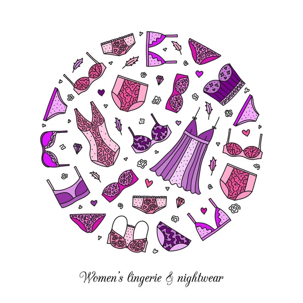 Hand Drawn Colored Women Lingerie Nightwear Composed Circle Shape — Stock Vector