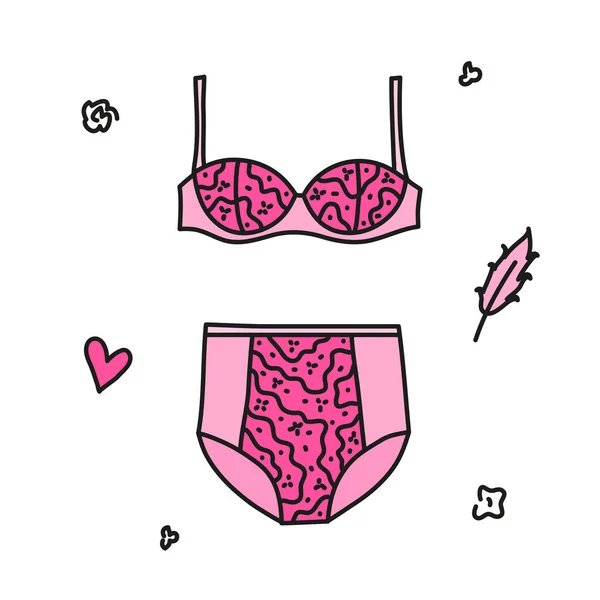 Doodle Cuecas Femininas Coloridas Conjunto Com Sutiã Varanda Calcinha Cintura — Vetor de Stock