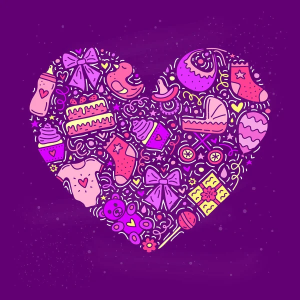 Lindos Iconos Garabatos Coloridos Para Baby Shower Compuestos Forma Corazón — Vector de stock