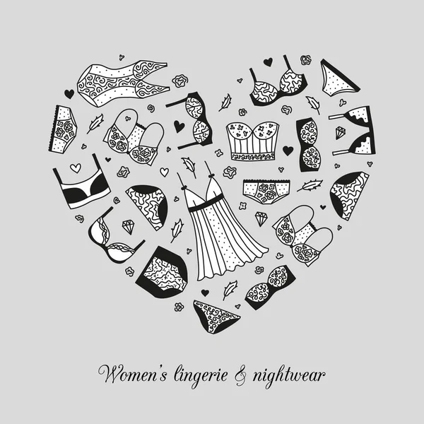 Hand Drawn Women Lingerie Nightwear Composed Heart Shape — Stock Vector
