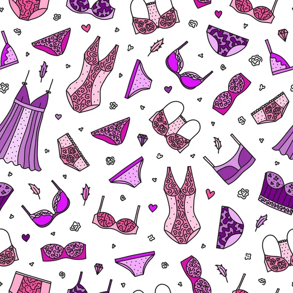 Seamless Pattern Hand Drawn Colored Women Lingerie Nightwear — Stock Vector