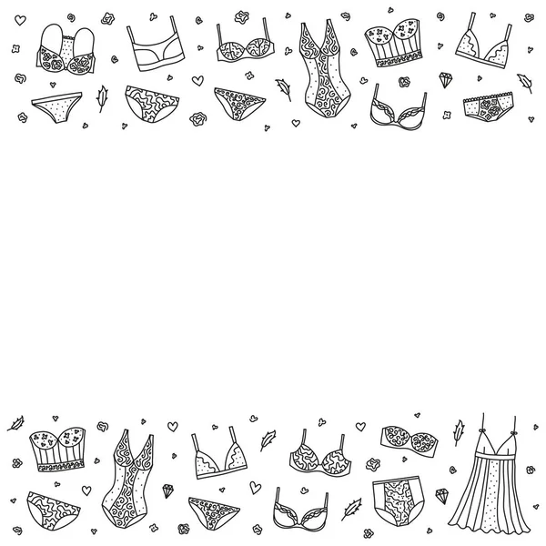 Poster Hand Drawn Outline Women Lingerie Nightwear Lines Swirls Symbols — Stock Vector