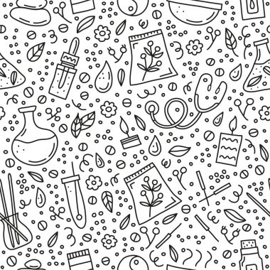 Alternatif tıp ve ayurveda simgeleriyle siyah beyaz desenli..