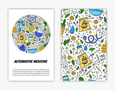 Karalama renkli alternatif tıp ve ayurveda ikonları içeren kart şablonları. Kullanılan kırpma maskesi.