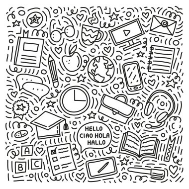 Karalama ana hatları dil kursları simgeleri beyaz arkaplan etrafında izole edilmiş çizgiler, semboller.