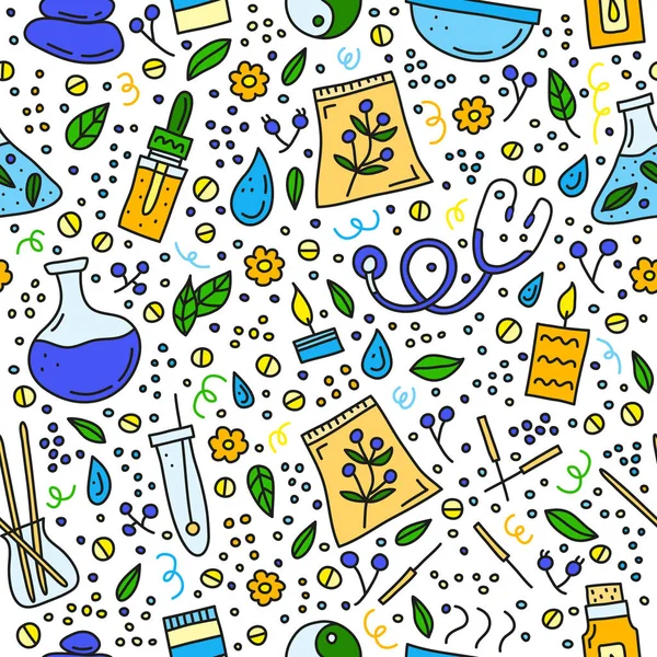 Padrão Sem Costura Com Doodle Colorido Medicina Alternativa Ícones Ayurveda — Vetor de Stock