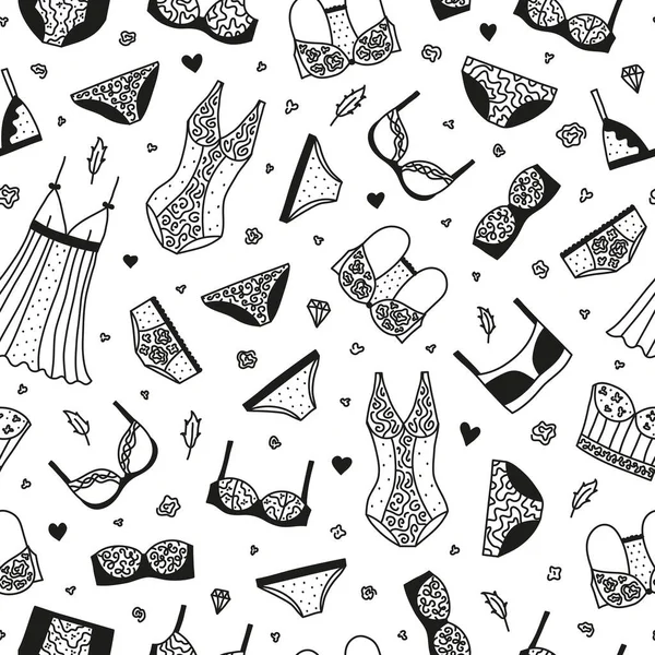 Black White Seamless Pattern Hand Drawn Women Lingerie Nightwear — Stock Vector