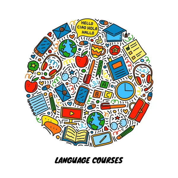 Doodle Χρωματιστές Εικόνες Μαθημάτων Γλώσσας Γραμμές Σύμβολα Που Συντίθενται Σχήμα — Διανυσματικό Αρχείο