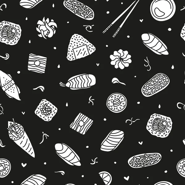 Svart Och Vitt Sömlöst Mönster Med Doodle Sushi Och Rullar — Stock vektor