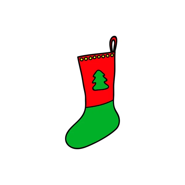 Calcetín Navidad Color Doodle Aislado Sobre Fondo Blanco — Vector de stock