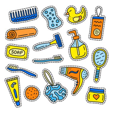 Beyaz arka planda karalama renkli banyo ve hijyen etiketleri var..