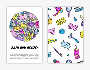 Kart şablonları, karalama renkli banyo ve hijyen ikonları. Kullanılan kırpma maskesi.