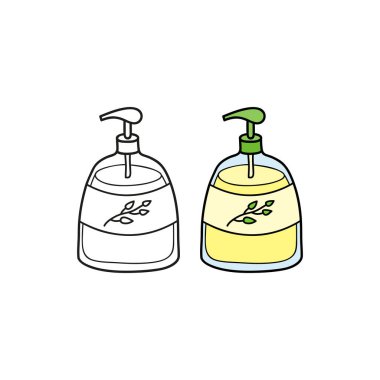 Beyaz arkaplanda karalama çizgisi ve renkli sıvı el sabunu izole edildi.