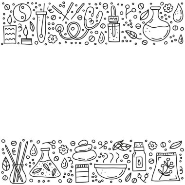 Alternatif tıp simgeleri ve sembolleriyle çizilmiş bir poster.