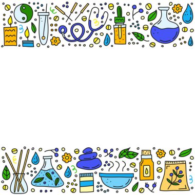 Etrafında karalama renkli alternatif tıp simgeleri ve sembolleri olan bir poster..