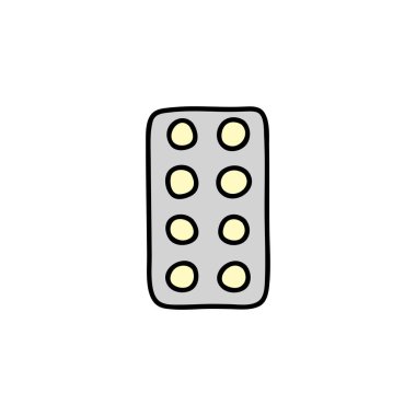 Beyaz arka planda izole edilmiş yuvarlak haplarla kapkara renkli kabarcıklar..