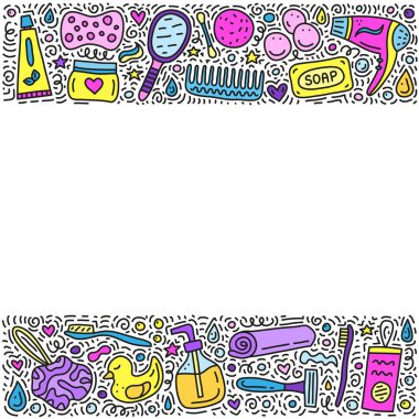 Üzerinde karalama renkli banyo, hijyen simgeleri ve semboller olan bir poster..