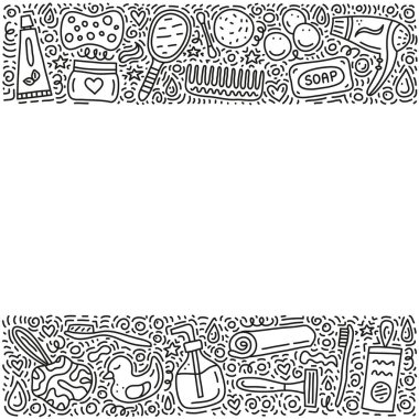 Banyo, hijyen ikonları ve sembollerle çizilmiş bir poster..