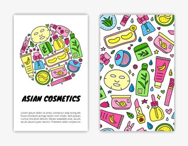 Kart şablonları ve karalama renkli Asya kozmetik ürünleri. Kullanılan kırpma maskesi.