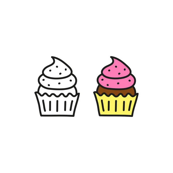 Doodle Χρώμα Και Περίγραμμα Cupcake Κρέμα Απομονώνονται Λευκό Φόντο — Διανυσματικό Αρχείο