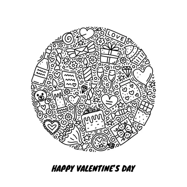 Esquema Doodle Día San Valentín Iconos Compuestos Forma Círculo — Vector de stock