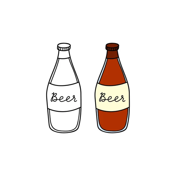 Doodle Outline Colored Beer Glass Bottle Isolated White Background — Stock Vector
